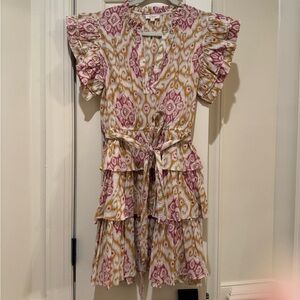 Elan Cream, Pink & Gold Ikat Ruffle Mini Dress